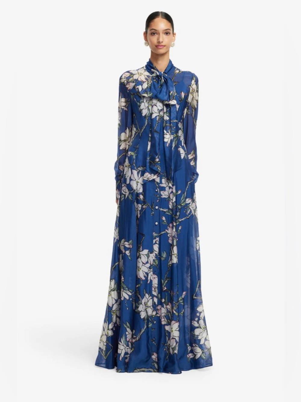 LEO LIN Lilith Blue Magnolia Floral Print Shirt Neck Tie Maxi Dress AU8/US4 NWOT